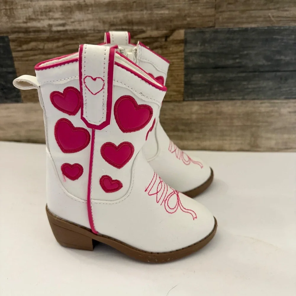 Stepping Stones Toddler Girls White Pink Heart Cowboy Western Boots Size 5